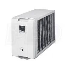 White HVAC air filter unit with a slotted front panel.