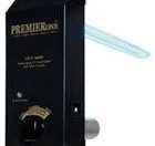 Black Premier One air purifier with a glowing blue UV light extending outward.