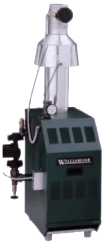 Green Williamson furnace. Silver chimney. Black knob. Metal clamp on the side.