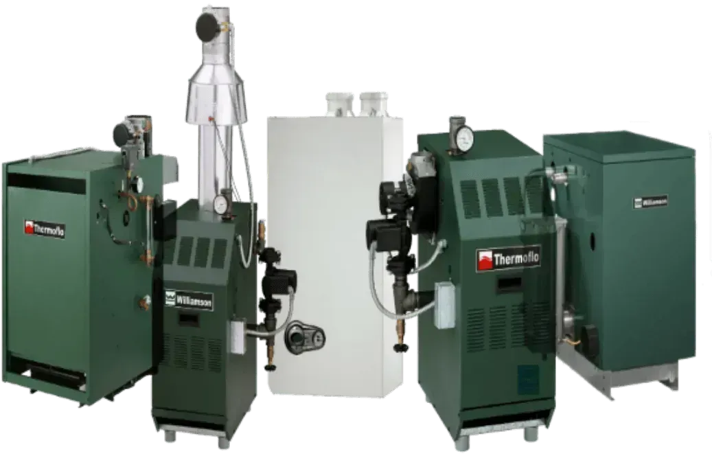 Green and white heating boilers of varying sizes.