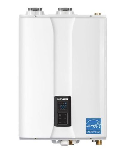 White, wall-mounted tankless water heater with digital display, Energy Star label, and two vent pipes.