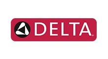 Delta logo in white text on a red rectangle, with a white and black triangle symbol on the left.