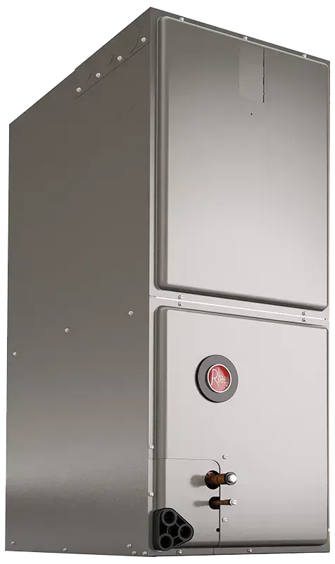 Silver rectangular air handler unit with a Rheem logo.