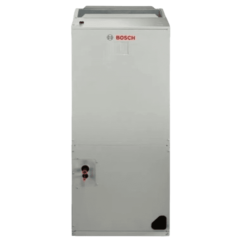 Bosch air handler unit, gray metal, with red Bosch logo and various connections.