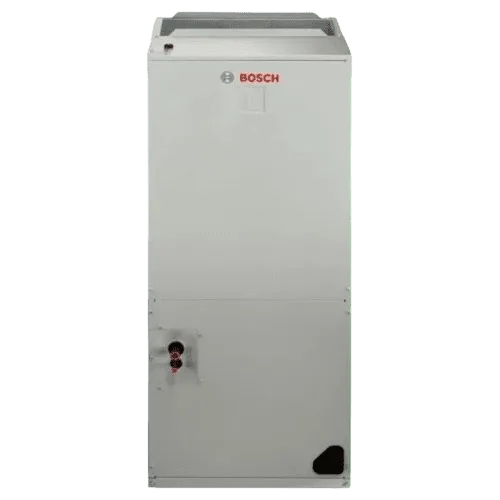 Bosch vertical air handler unit, white, with Bosch logo, duct openings visible.