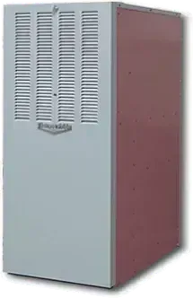 Tall, gray furnace with a vented front panel, set against a red side panel.