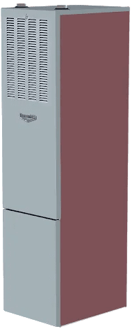 A tall, metal furnace with a maroon side panel.