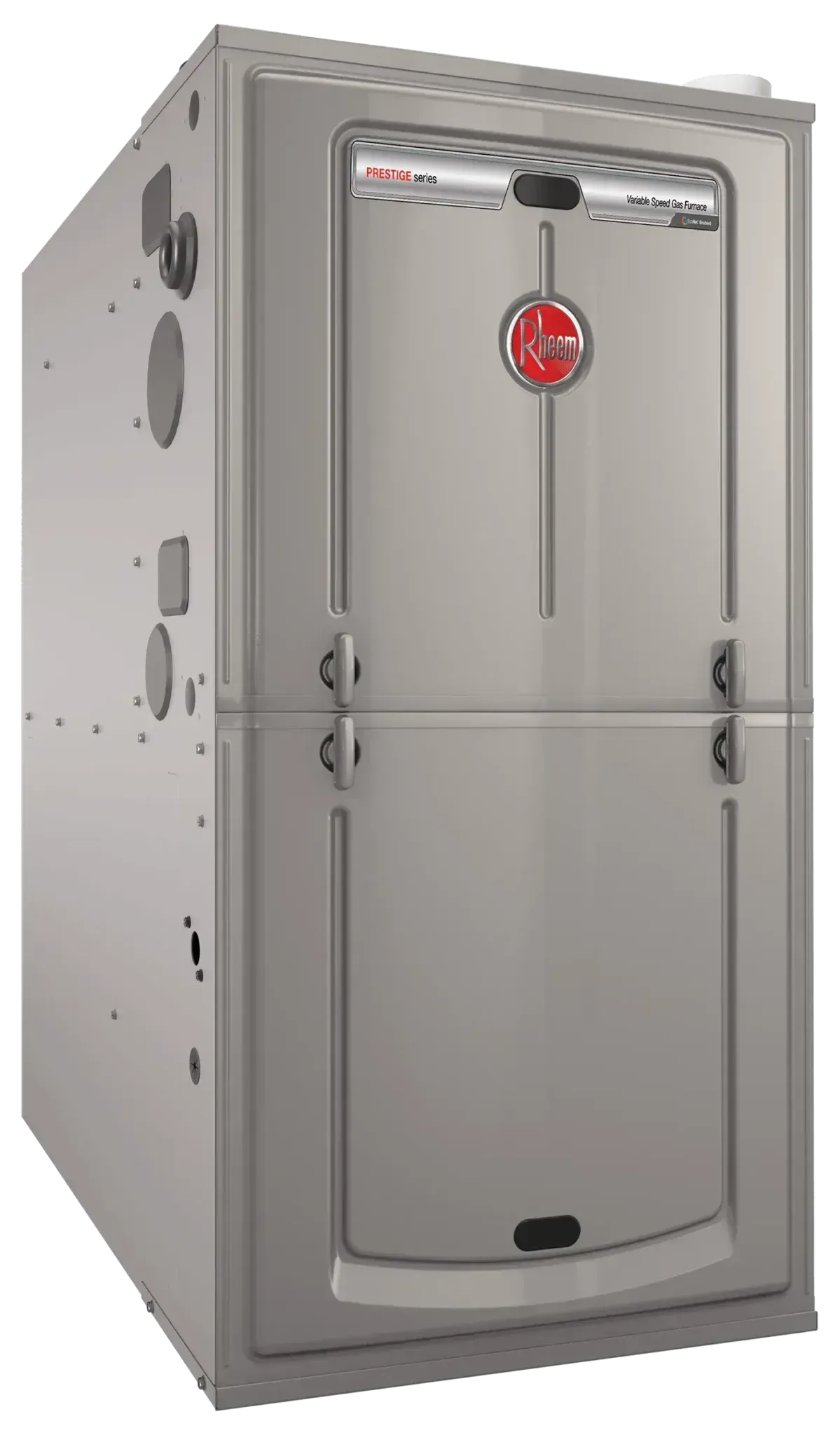 Silver Rheem furnace with a red logo.