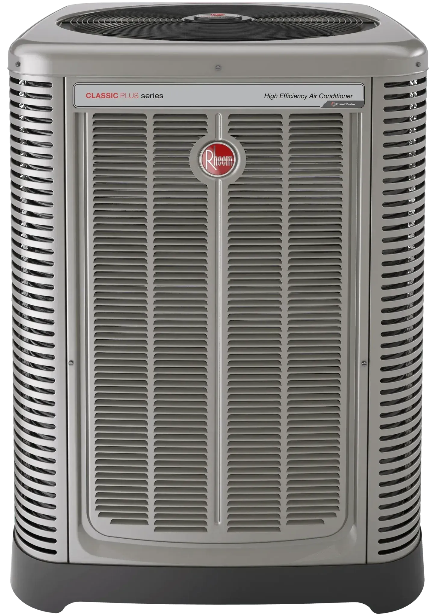 Gray Rheem air conditioner unit with central vents and top fan.