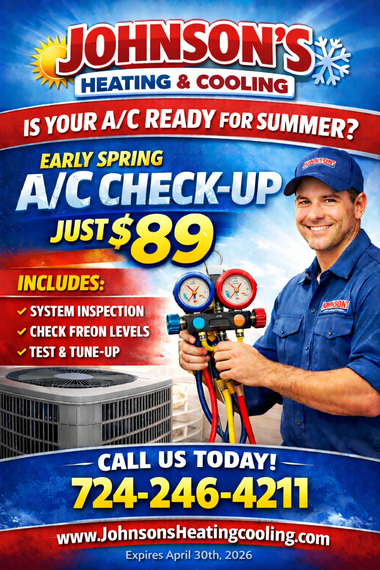 A Johnson’s Heating & Cooling advertisement for an $89 A/C check-up, featuring a technician with equipment.