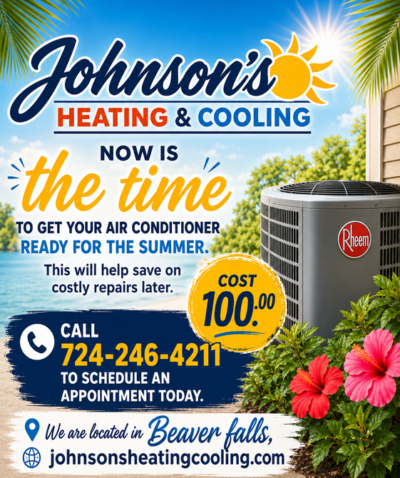 Johnson's Heating & Cooling ad with sun, HVAC unit, flowers, and phone number 724-246-4211