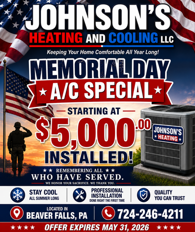 Johnson’s Heating and Cooling Memorial Day A/C special, starting at $5,000 installed, with American flag background.