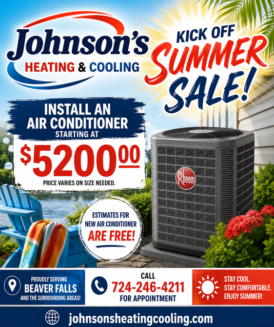 Johnson’s Heating & Cooling summer sale ad for $5,200 air conditioner installation, with free estimates and financing.