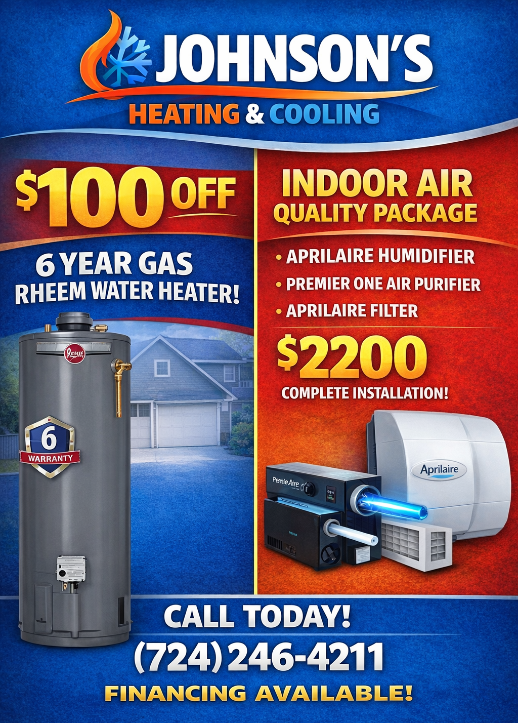 Advertisement for Johnson's Heating & Cooling: water heater discount & indoor air quality package, with contact info.