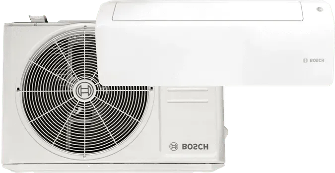 White Bosch ductless mini-split AC system with outdoor unit and indoor wall unit.
