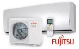 Fujitsu mini-split air conditioner system: outdoor unit, indoor unit, remote control, and logo.