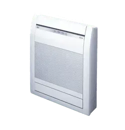 White, floor-mounted air conditioning unit with a gray grill, angled on a white background.