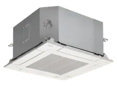 Ceiling-mounted air conditioning unit with a white grille and gray metal housing.