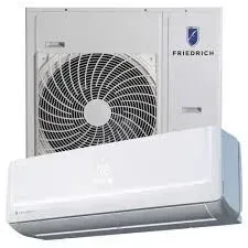 White Friedrich ductless mini-split air conditioner with outdoor unit, blue logo, and indoor unit.