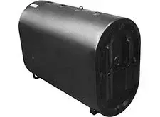 Black oil tank, horizontal, oval shape, with mounting feet.