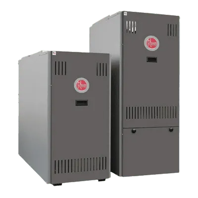 Two gray Rheem furnaces, one smaller, one taller, against a white background.