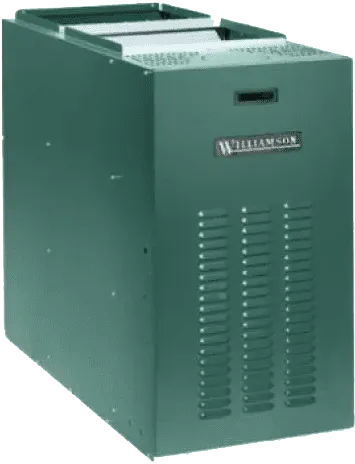 Green Williamson furnace with vent and front air intake slots.