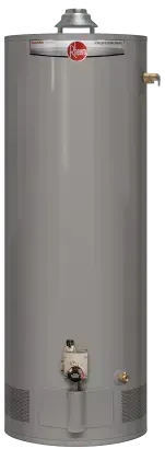 A tall, gray Rheem water heater with vents at the bottom and a pipe on top.