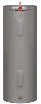 A tall, gray Rheem water heater with a red logo and top-mounted pipe.