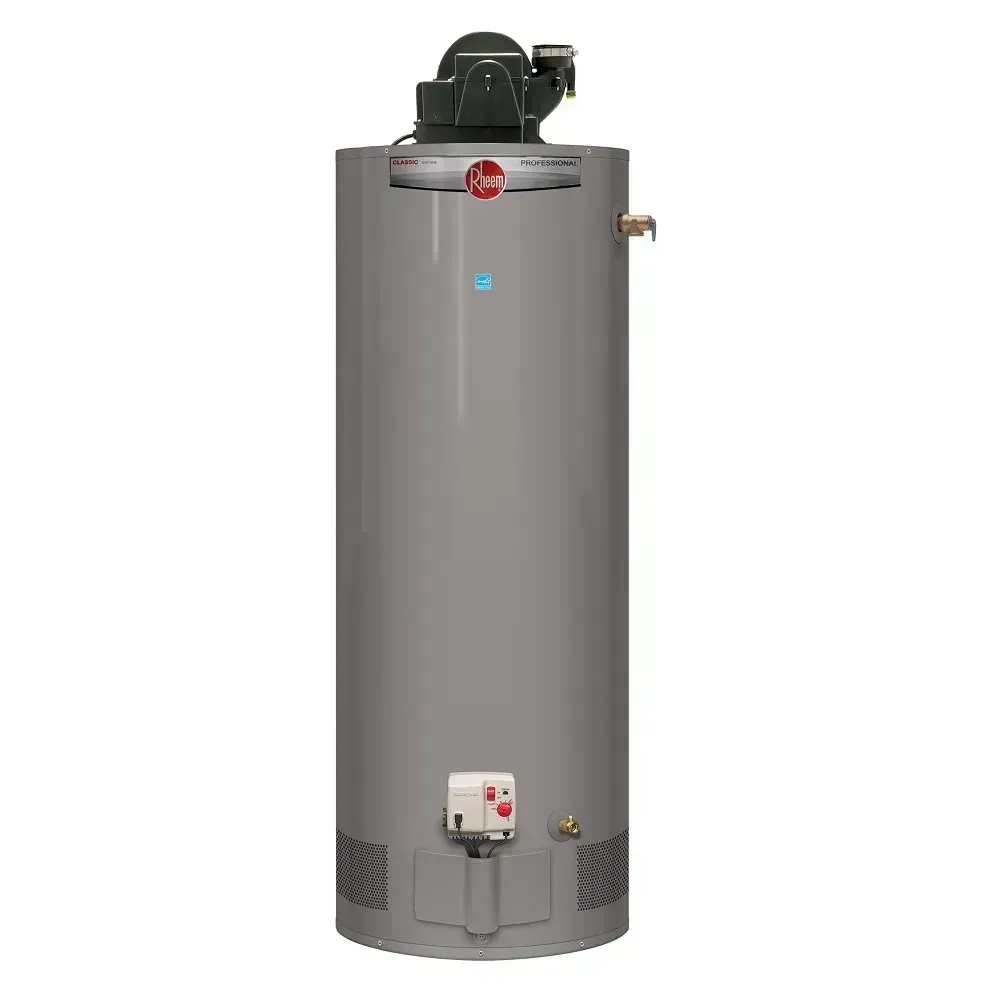 Gray Rheem gas water heater.