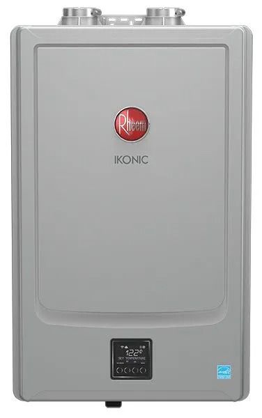 Rheem tankless water heater, gray, with red logo and digital display.