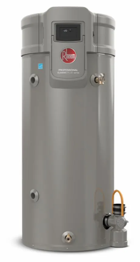 Gray Rheem water heater.