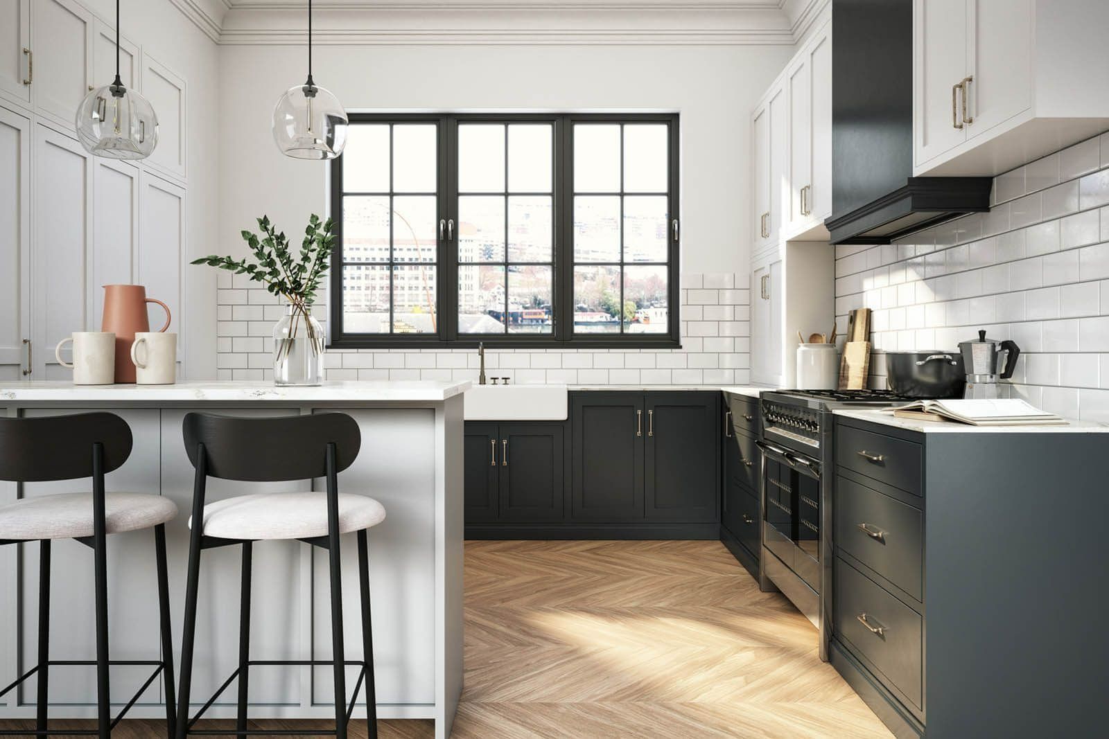 A modern kitchen with black cabinets, white countertops, subway tile backsplash, a window, and two stools at an island.