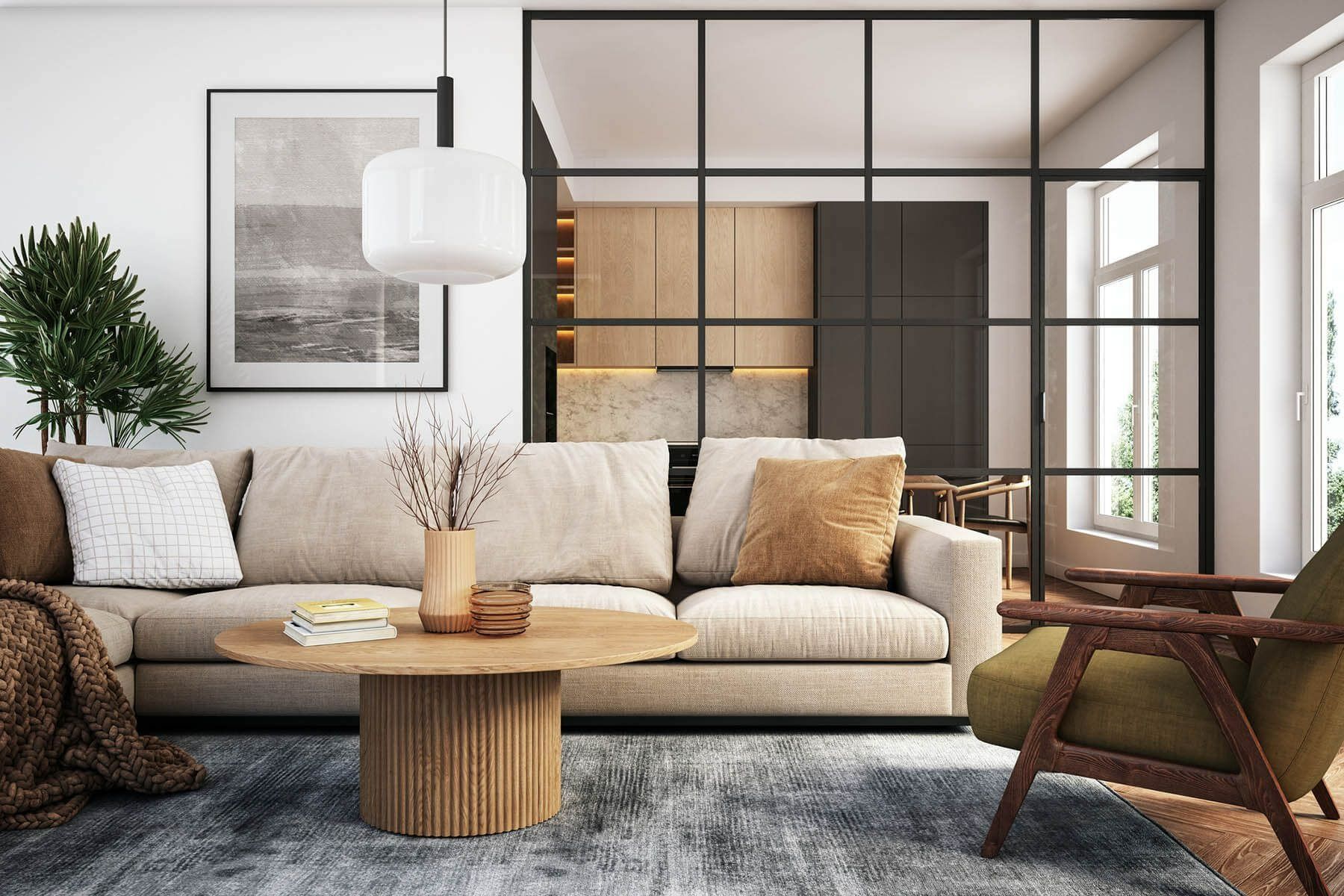 A cozy, neutral-toned living room featuring a beige sofa, round wooden coffee table, and a glass-paneled room divider.