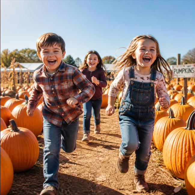 Children running through a pumpkin patch on a sunny autumn day, smiling among rows of pumpkins