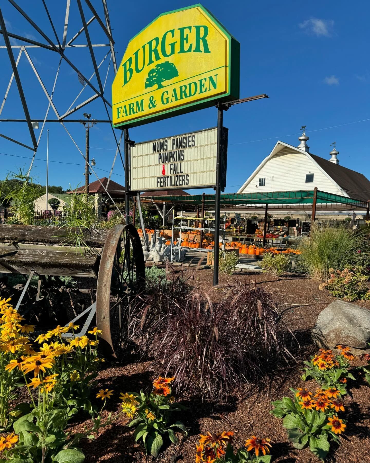 Burger Farm & Garden sign in front of a barn; pumpkins and flowers in foreground.