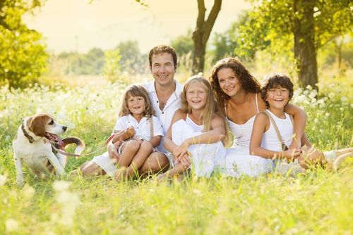 Family sitting in a sunny meadow with a dog, smiling and relaxing outdoors