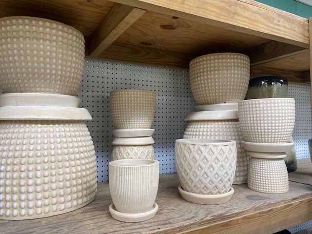 Various beige ceramic planters with textured surfaces displayed on wooden shelves.