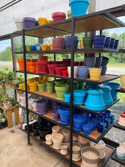 Shelves displaying colorful flower pots in a garden center.