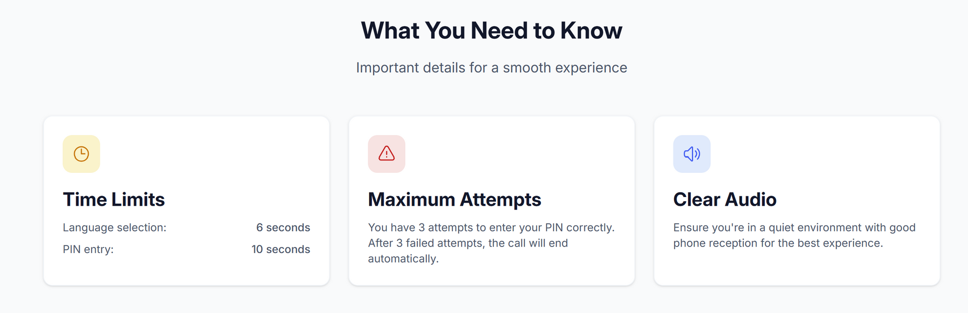Information cards on time limits, max attempts, and clear audio for a task.