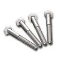 Four silver metal bolts arranged diagonally on a white background
