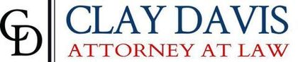 Clay Davis Attorney at Law logo with black “CD” monogram and blue/red text on white background