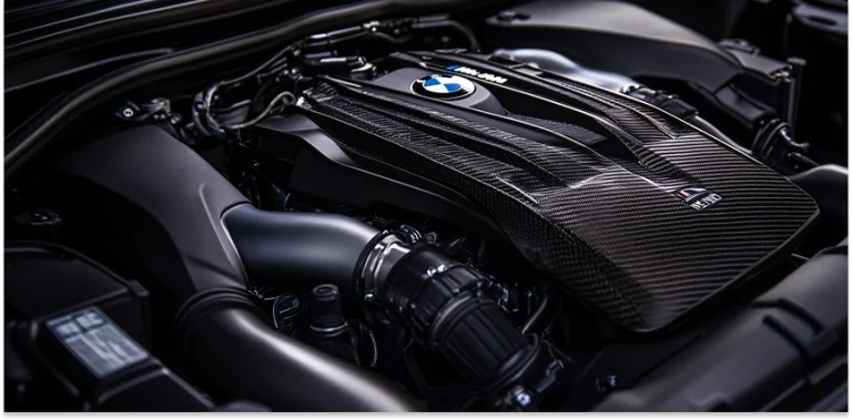 Close-up of a BMW engine bay with carbon-fiber components and black hoses under the hood