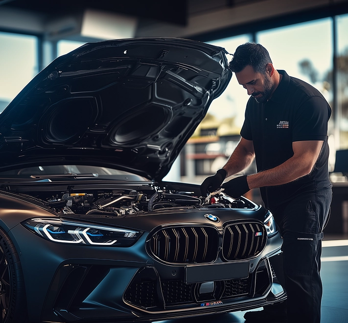 Mechanic inspecting a black BMW in a garage with the hood open