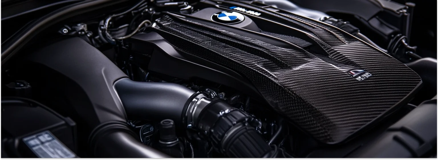 Close-up of a BMW engine bay with carbon fiber cover and glossy black components