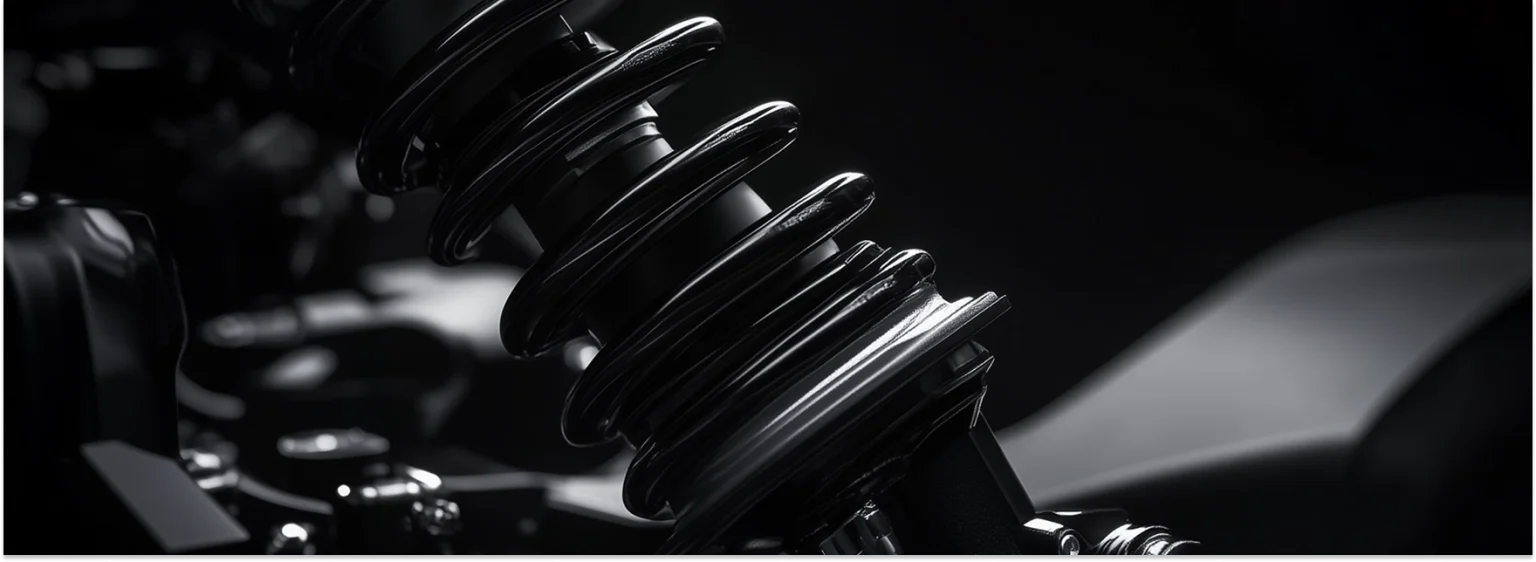 Close-up of glossy black mechanical springs and coils against a dark background