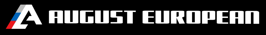 August European logo in white and blue on a black background