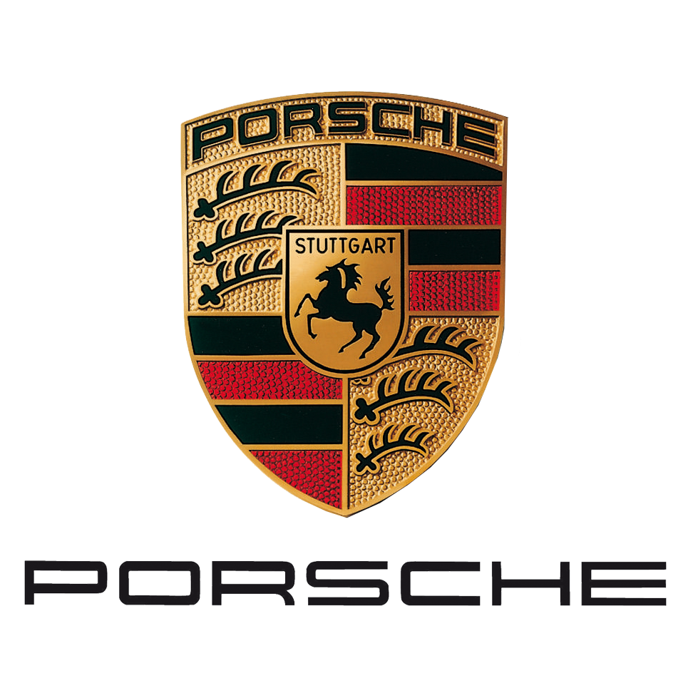 Porsche logo with gold-and-black crest and wordmark on a white background