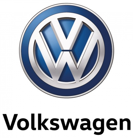 Volkswagen logo: blue and silver VW emblem above black wordmark on white background