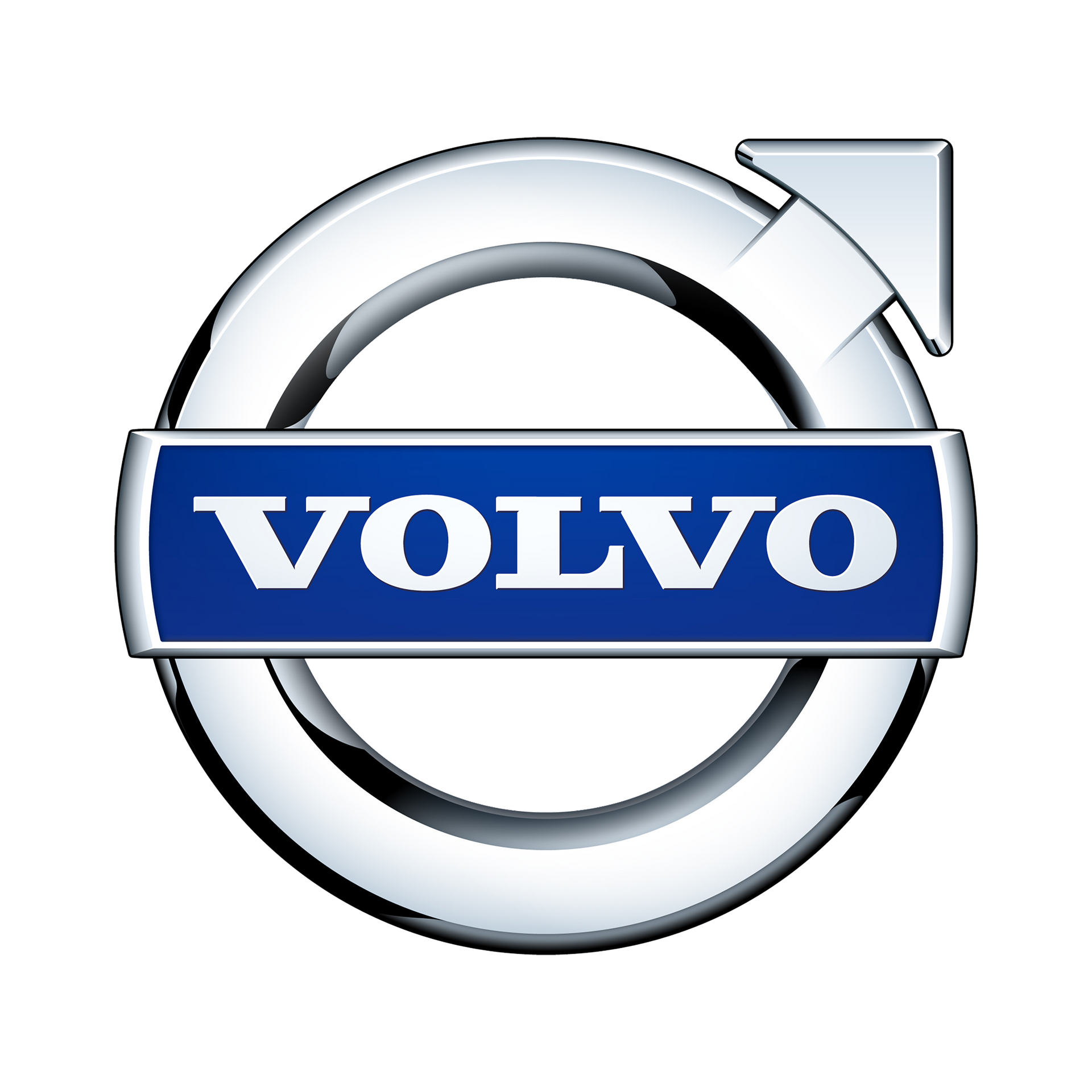 Volvo logo: silver circular emblem with blue wordmark and arrow at top right