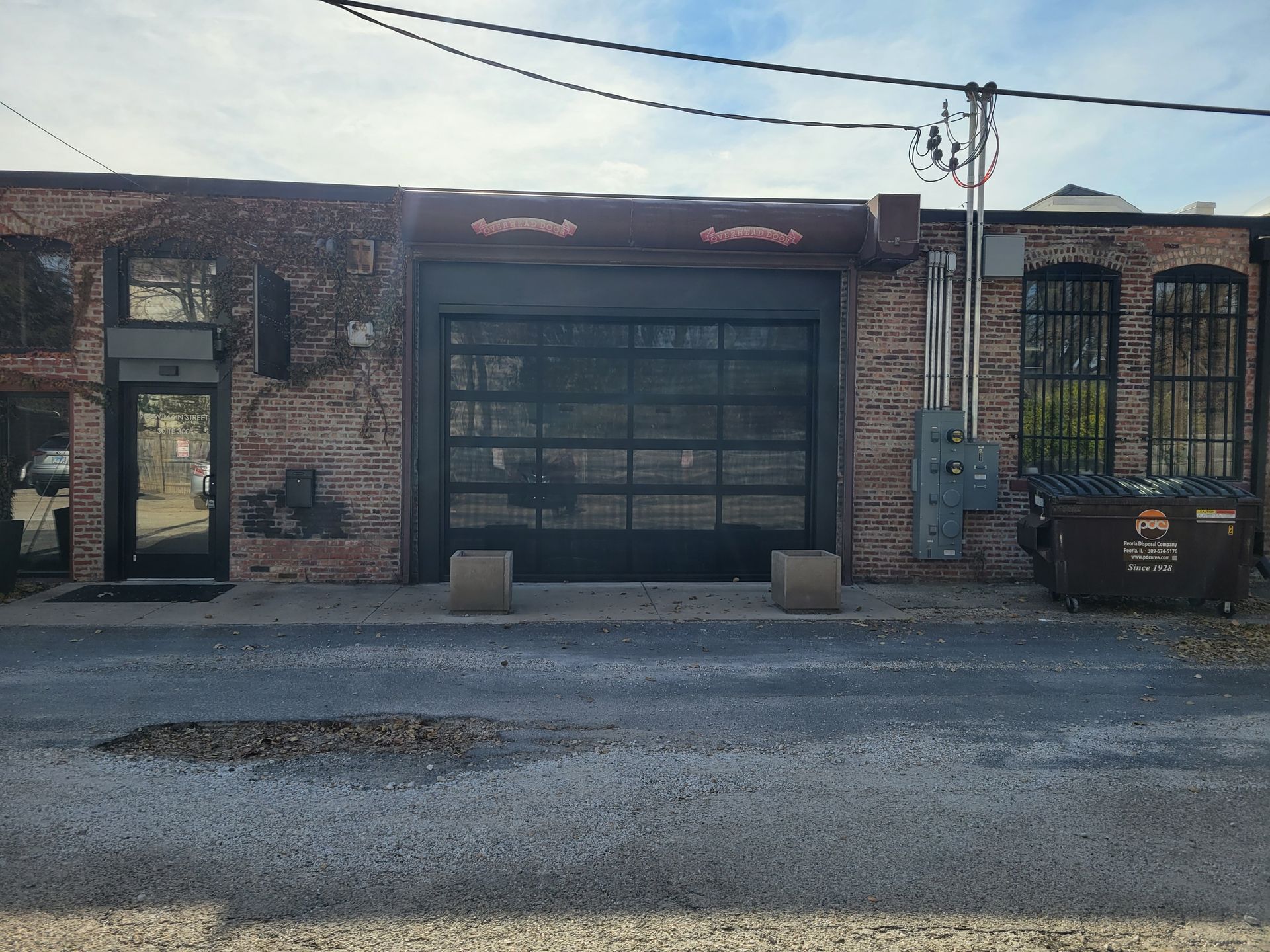 Brick building with a garage door